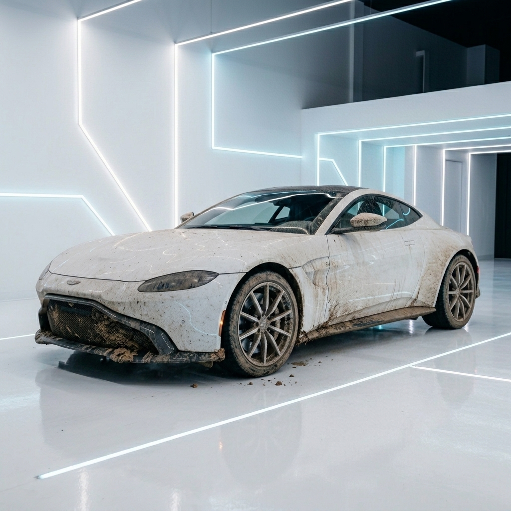 Carro esportivo branco coberto de lama e poeira