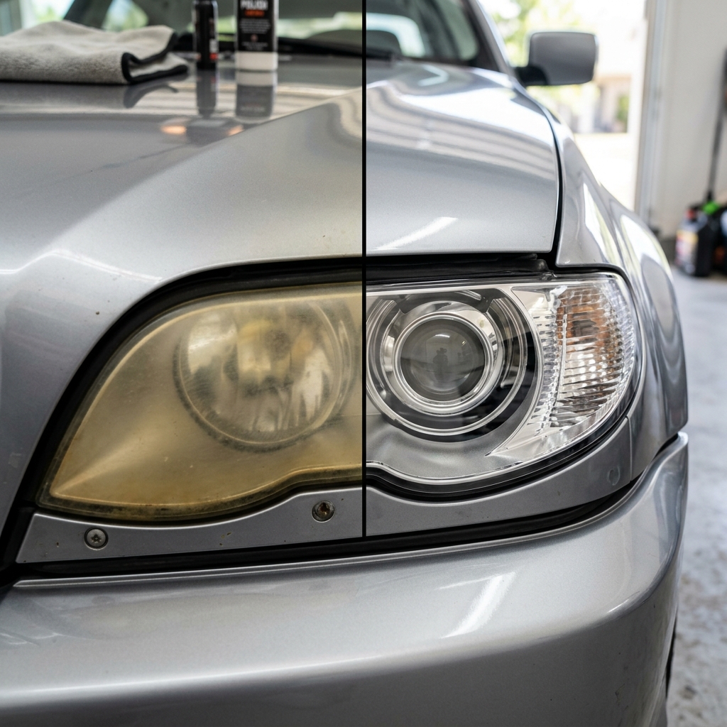 Comparativo de revitalização de farol de carro, metade amarelado e metade cristalino